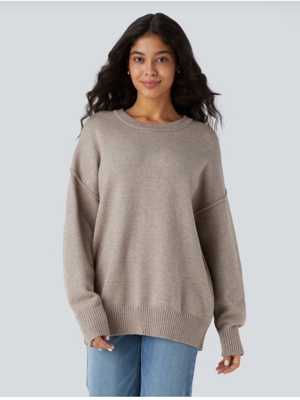 Halara Women’s Small Oversized Crewneck Sweater Taupe Exposed Seam Ribbed Knit